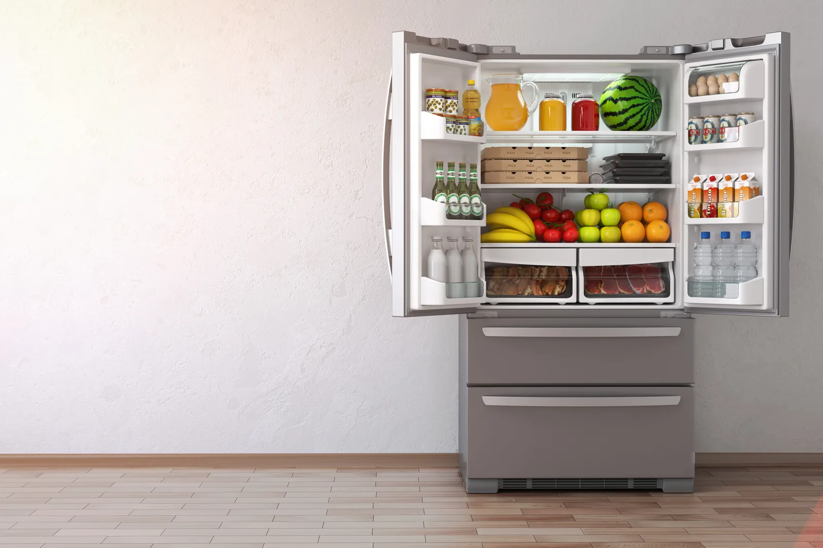 Fridge standing open in a family home, fully stocked and holding temperature
